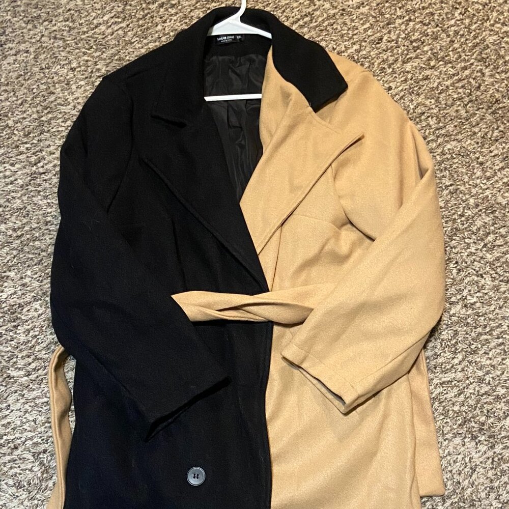 Two-Tone Black & Camel Wrap Coat